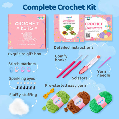 Beginner Crochet Kit with 40% Extra Yarn, Pre-Started Yarn & Video Tutorials - 3 Sea Turtles Craft Set for Adults & Kids