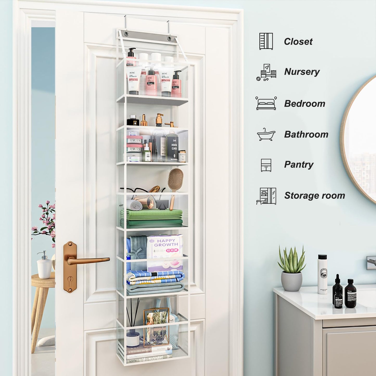 5-Shelf Over The Door Hanging Pantry Organizer, Room Organizer with Clear Plastic Pockets, 25lb Ultra Sturdy & Large Capacity for Closet, Bedroom, Nursery, Bathroom and Sundries
