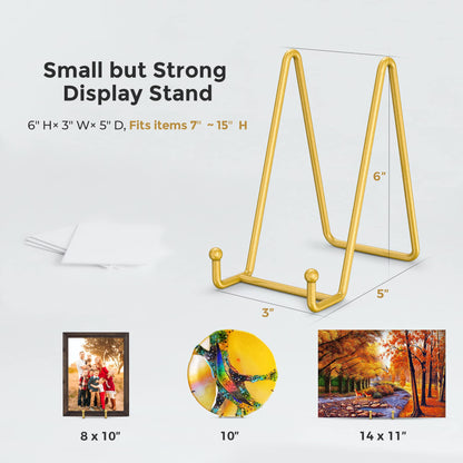 Plate Stands for Display - 6 Inch Plate Holder Display Stand + Metal Frame Holder Stand for Picture, Decorative Plate, Photo Easel, Tabletop Art (Gold 2 Pack)