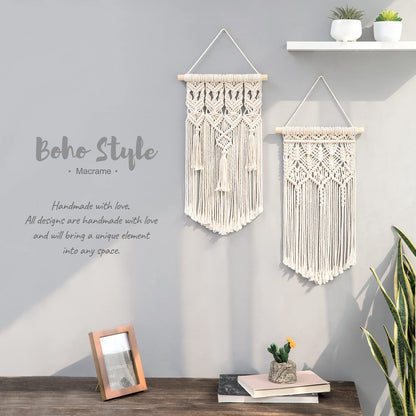 2 Pcs Macrame Woven Wall Hanging Boho Chic Geometric Art Decor - Beautiful Bedroom Nursery Apartment Home Decoration, Gift for Girls Adults Birthday Christmas, Small Size 18" L x 9.5" W