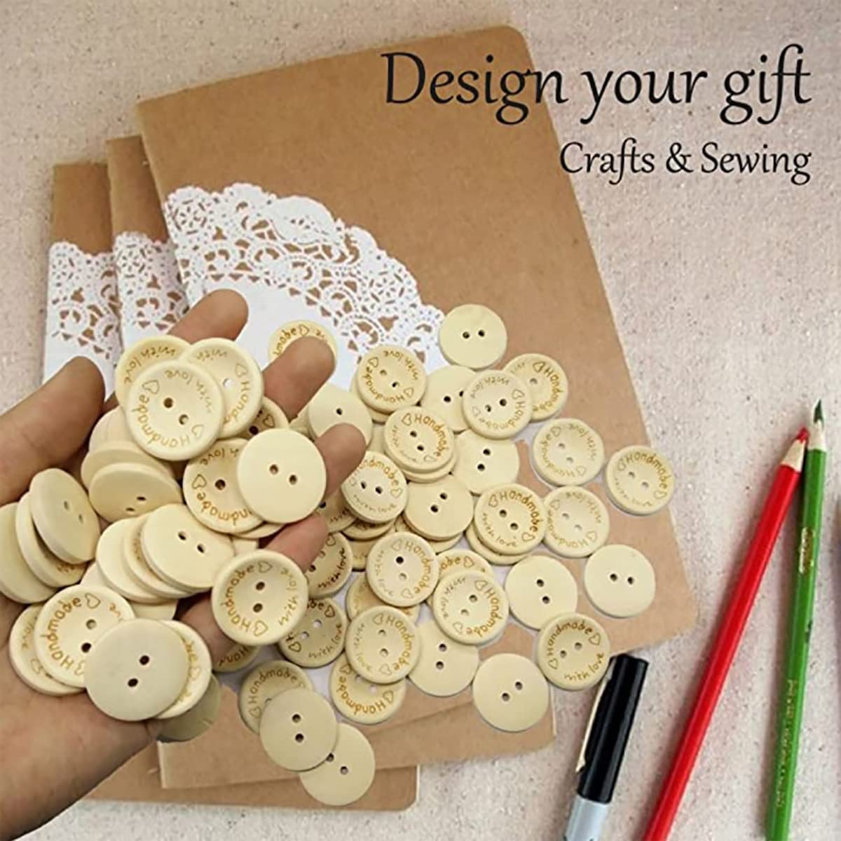 Handmade with Love Buttons - 150 Pcs Round Wooden Craft Decor Buttons, 2 Holes for 15mm/20mm/25mm Sewing