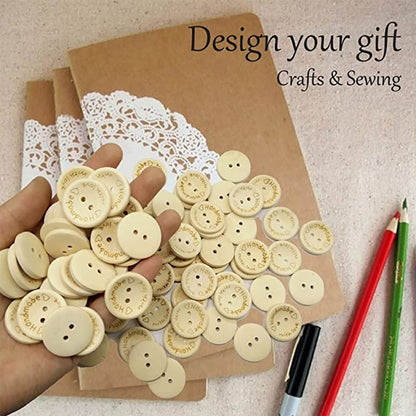 Handmade with Love Buttons - 150 Pcs Round Wooden Craft Decor Buttons, 2 Holes for 15mm/20mm/25mm Sewing