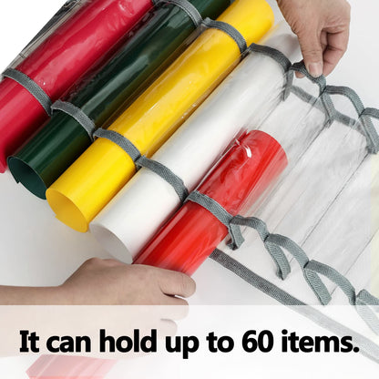 Vinyl Roll Holder with 60 Compartments and Keeper Door Hooks Strap, Clear Organizers Wall Mount for Home Craft Closet (Grey)