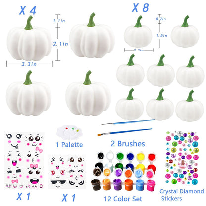 Pumpkin Decorations Halloween Crafts - 12 White Artificial Pumpkins DIY Arts Kit With Stickers for Kids - Fall Decor for Party, Thanksgiving, Home