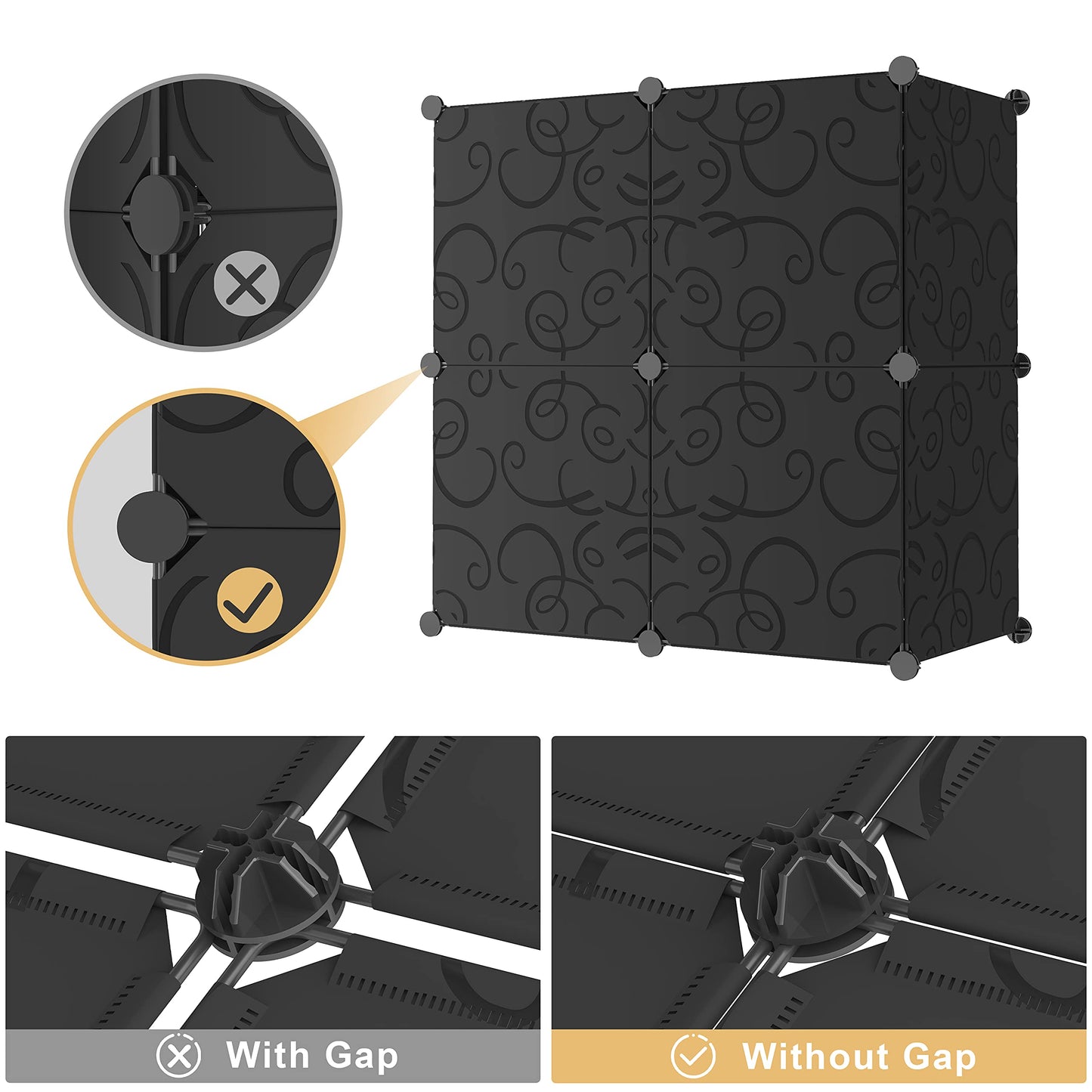 Cube Storage Organizer with Doors, Plastic 6-Cube Storage with Doors for Livingroom, Bedroom and Office (Black)