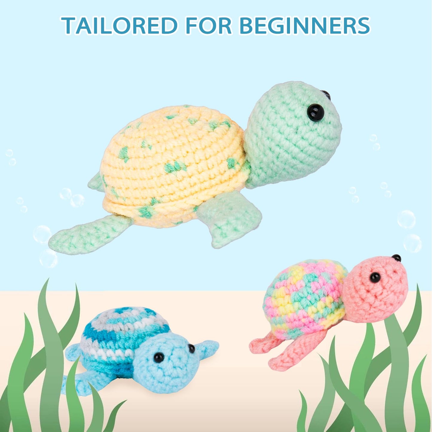 Crochet Kit for Beginners, Beginner Crochet Kit for Adults with Step-by-Step Video Tutorials, DIY Crochet Animal Kits Kids Knitting Supplies, 3 Pack Turtle Family (40%+ Yarn)