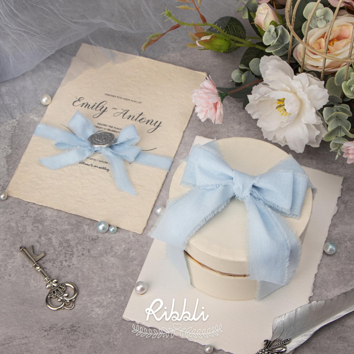 3 Rolls Light Blue Ribbon 1.5 Inch x 18Yards Handmade Cotton Frayed Fringe Ribbons for Gift Wrapping Wedding Invites Bridal Bouquets Baby Shower DIY Crafts Home Decor