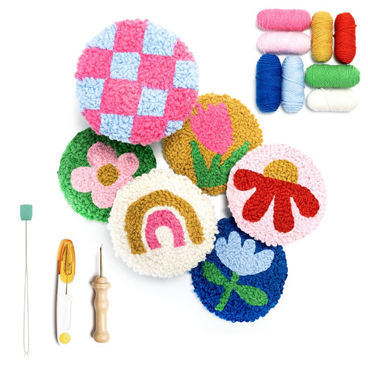 Punch Needle Kit, Set of 6 Coasters, Includes Beginner Video Tutorials and Instructions, Beginner Punch Stitch for Adults, Mug Rug Punch Needle Kit,