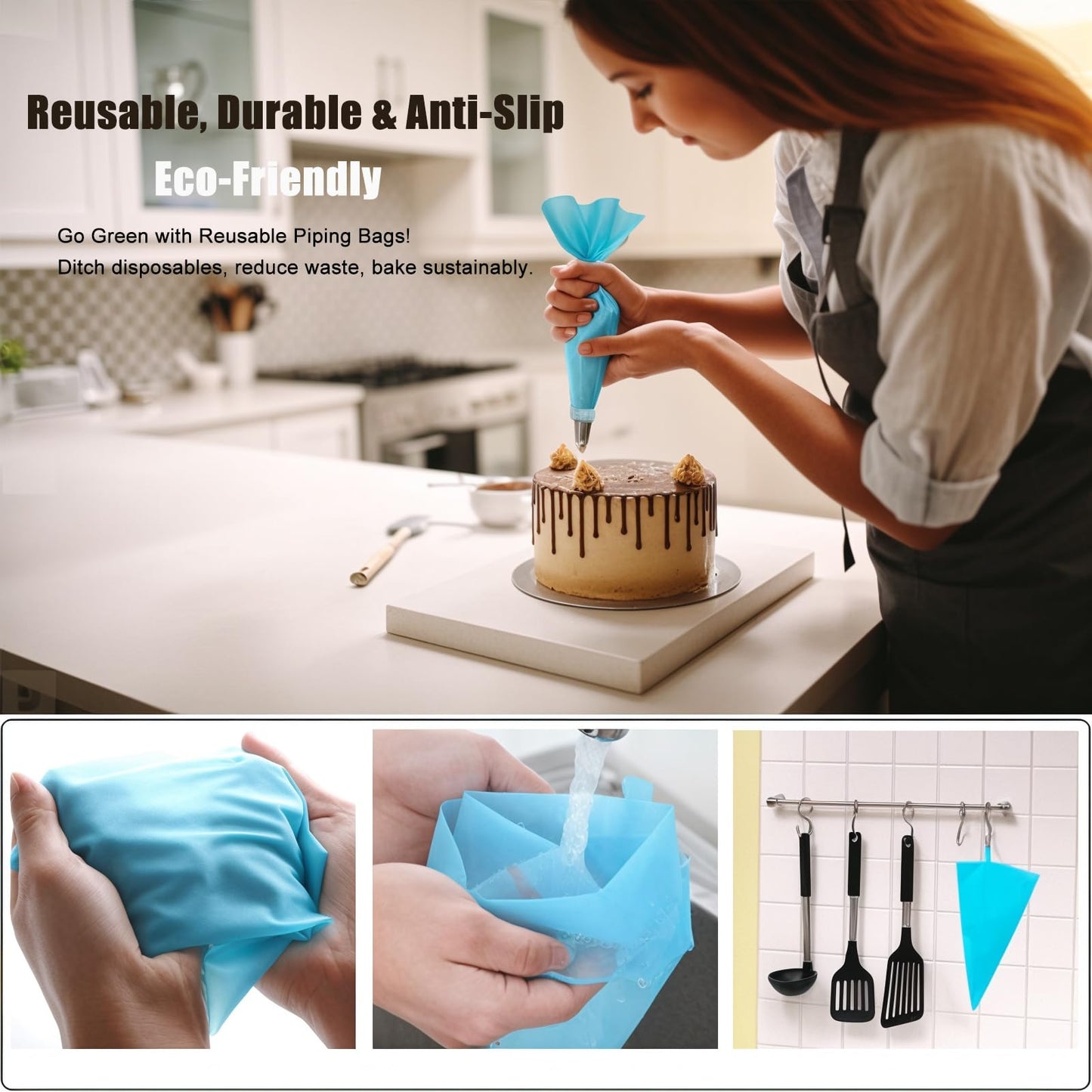 Piping Bags and Tips Set, Reusable Cake Decorating Supplies with 2 Reusable Bags, 12 Icing Tips, 2 Silicone Rings, 2 Couplers and 3 Scrapers, Cake Baking Tools for Cookie Icing Cupcakes