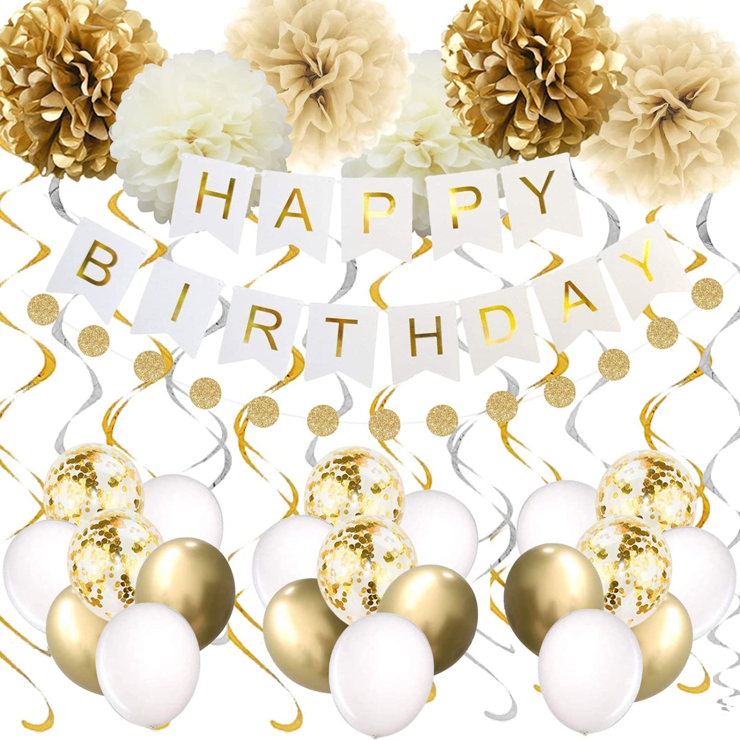 Gold Party Decorations, Happy Birthday Banner - 16th 18th 21th 30th 40th 50th 60th 70th Gold White Supplies Balloons