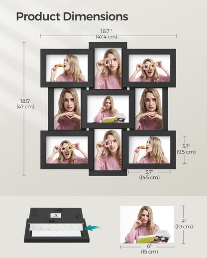 4x6 Collage Picture Frames for Wall Decor, 9 Pack Family Photo Collage Frame Set for Gallery, Glass Front, Assembly Required, Ink Black