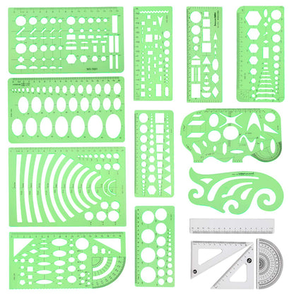 Geometric Drawings Templates Measuring Geometry Rulers 15 Pcs with 1 Pack File Bag for Design School Studying Office Building…