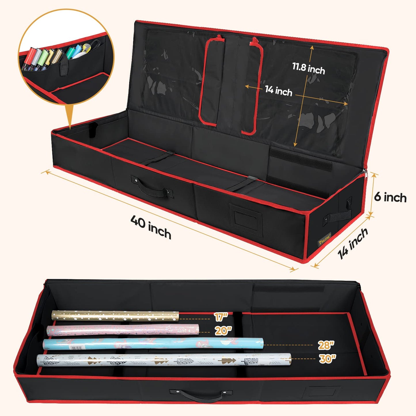 Wrapping Paper Storage Organizer, 40" Durable 600D Oxford Fabric Gift Wrap Storage Bag with Flexible Partitions for Ribbon, Holiday Accessories (Black/Red)