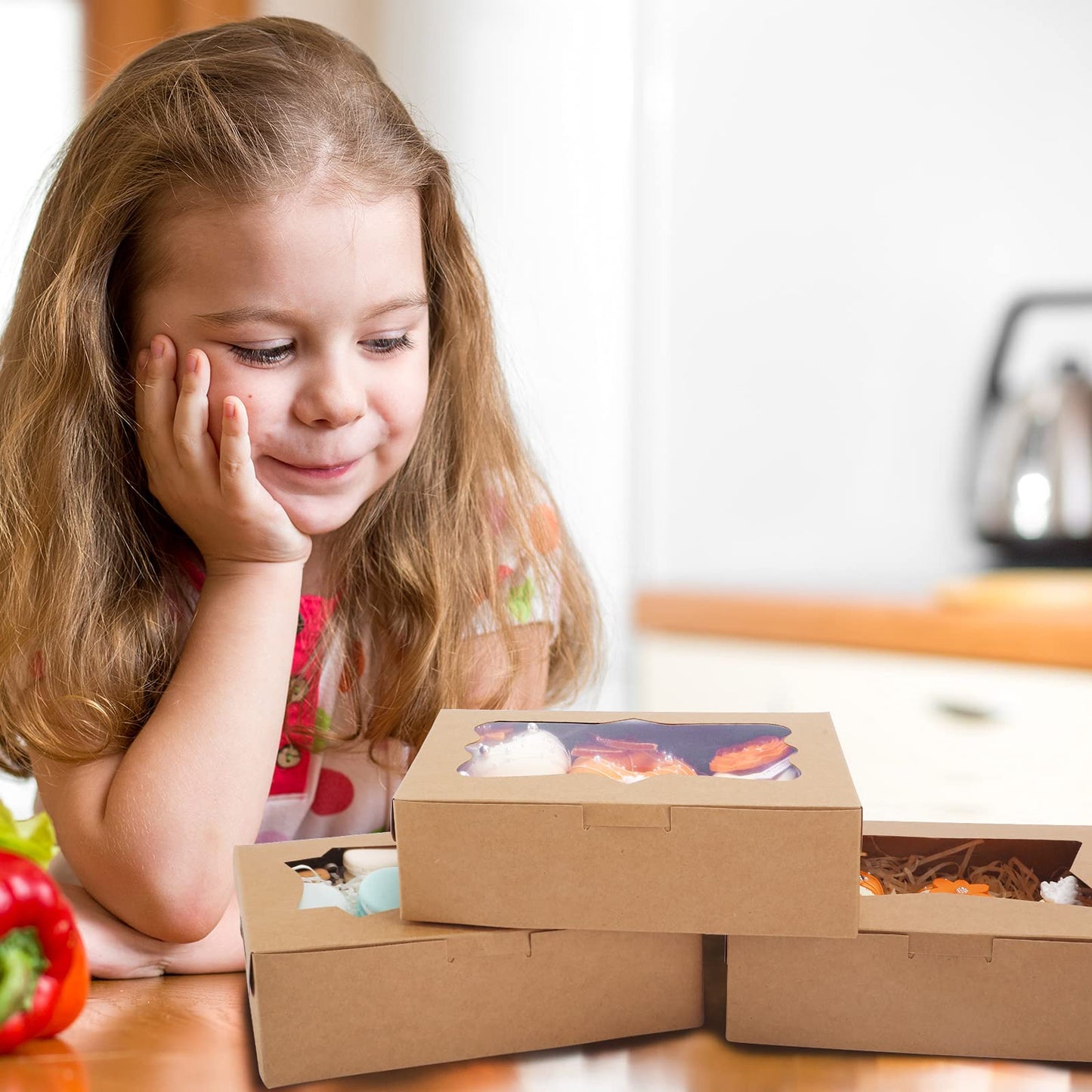 24pcs 8x6x2.5 Inches Cookie Boxes, Bakery Boxes with 3 Style Window, Treat Boxes, Pastry Pie Boxes for Chocolate Strawberries, Donuts, Cupcakes, Muffins and Dessert