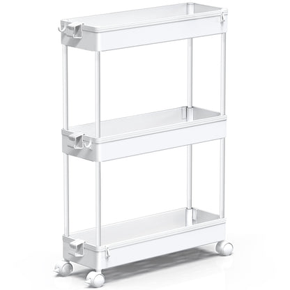 Slim Rolling Storage Cart, 3 Tier Bathroom Storage Organizer Laundry Room Utility Cart Mobile Shelving Unit, Multi-Purpose for Kitchen Office Bathroom Laundry Narrow Places, White