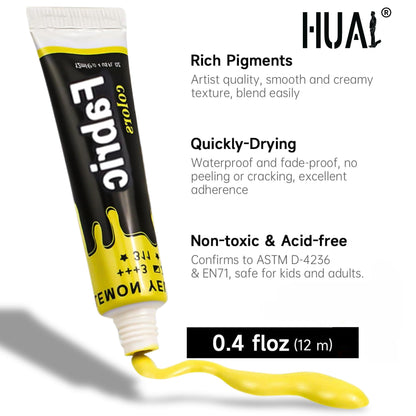 Fabric Paint Set for Clothes with 6 Brushes, 1 Palette, 12 Colors (12ml, 0.4oz) - Permanent Textile Paint Puffy Paint Kit for Shoes, Canvas - Non-Toxic Slick Painting Set for Adults, Beginner & Artists