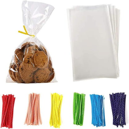 100 Pcs 8 in x 6 in Clear Flat Cello Cellophane Treat Bags Good for Bakery,Popcorn,Cookies, Candies,Dessert, Birthday 1.4mil.Give Metallic Twist Ties!