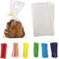 100 Pcs 8 in x 6 in Clear Flat Cello Cellophane Treat Bags Good for Bakery,Popcorn,Cookies, Candies,Dessert, Birthday 1.4mil.Give Metallic Twist Ties!