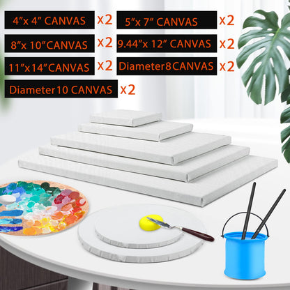 14 Packs Stretched Canvases for Painting, Multi Pack 11x14, 9.44x12, 8x10, 5x7, 4x4, Round Canvas with 8x8,10x10(2 of Each), Blank Primed Canvas, for Oil Paint, Acrylic Paint, for Beginners, Artists.