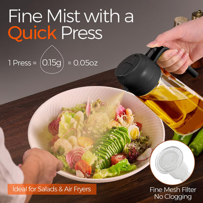 16oz/470ml Glass Olive Oil Sprayer for Cooking with Stickers, 2 in 1 Oil Dispenser for Kitchen Gadgets, Food Grade Premium Spray Bottle with Portion Control for Salad, Frying, BBQ (Black)