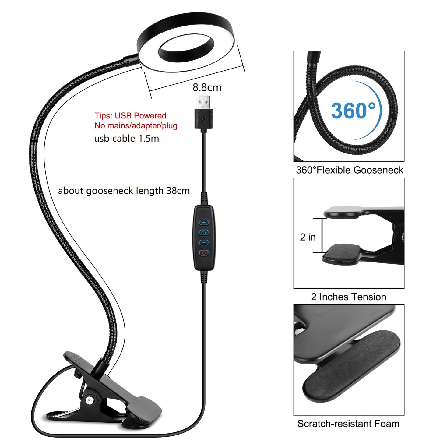 Desk Clip on Lamp for Reading Home Office, 10 Dimmable Brightness 3 Modes, Clamp Light for Bed Headboard