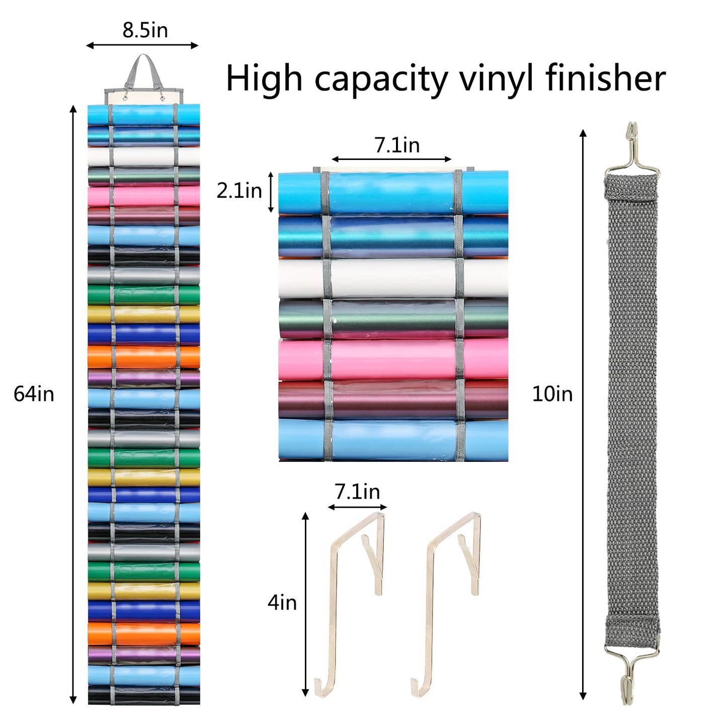 Vinyl Roll Holder with 60 Compartments and Keeper Door Hooks Strap, Clear Organizers Wall Mount for Home Craft Closet (Grey)