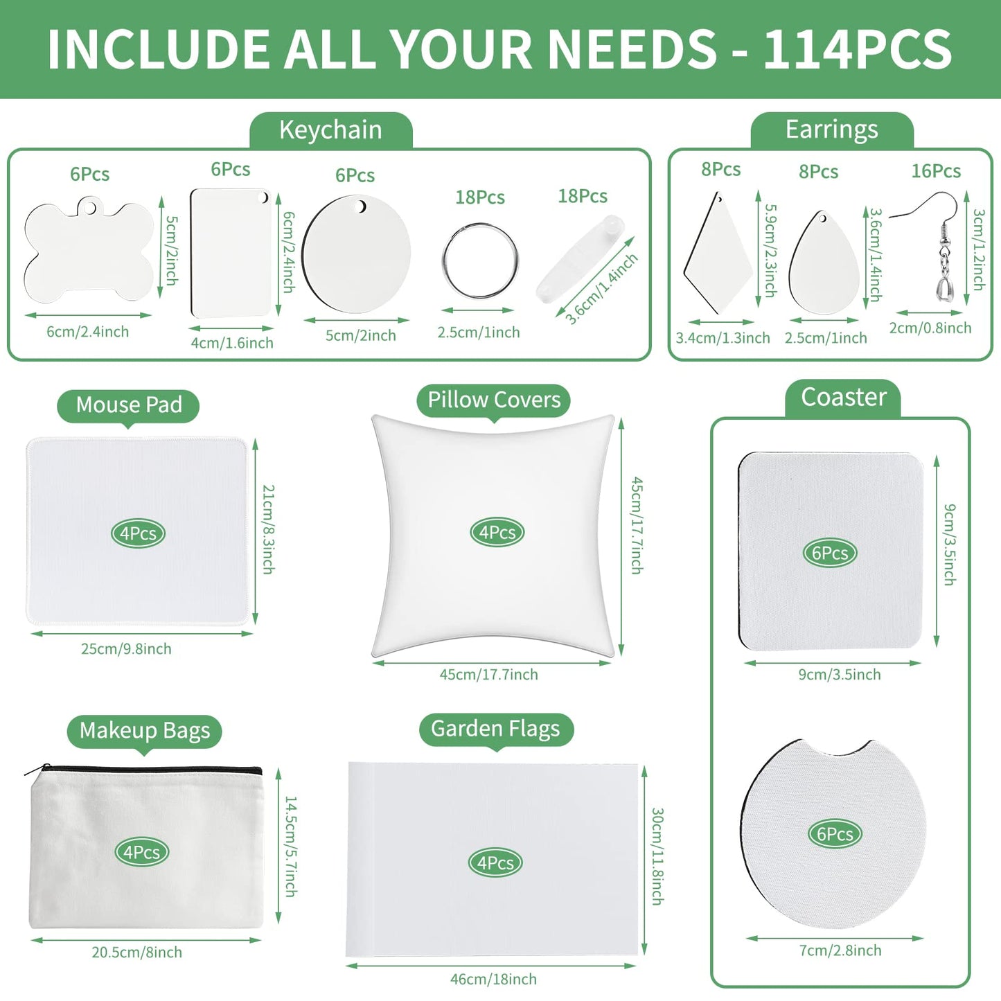 114Pcs Sublimation Blanks Products, Sublimation Blank Set Including DIY Blank Makeup Bag, Keychain, Earring, Pillow Cover, Mouse Pad, Coaster, Garden Flag for Sublimation Transfer Heat Press Craft