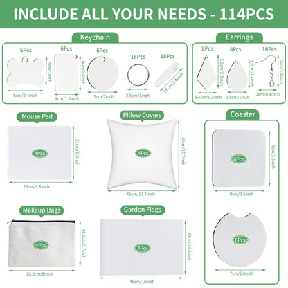 114Pcs Sublimation Blanks Products, Sublimation Blank Set Including DIY Blank Makeup Bag, Keychain, Earring, Pillow Cover, Mouse Pad, Coaster, Garden Flag for Sublimation Transfer Heat Press Craft