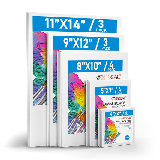 Canvas for Painting -18 Pack, Multi Pack 4x4, 5x7, 8x10, 9x12,11x14 Canvas Boards for Painting, Primed White Blank Artist Canvas Variety Pack for Acrylic, Oil Paint, Watercolor, Gouache