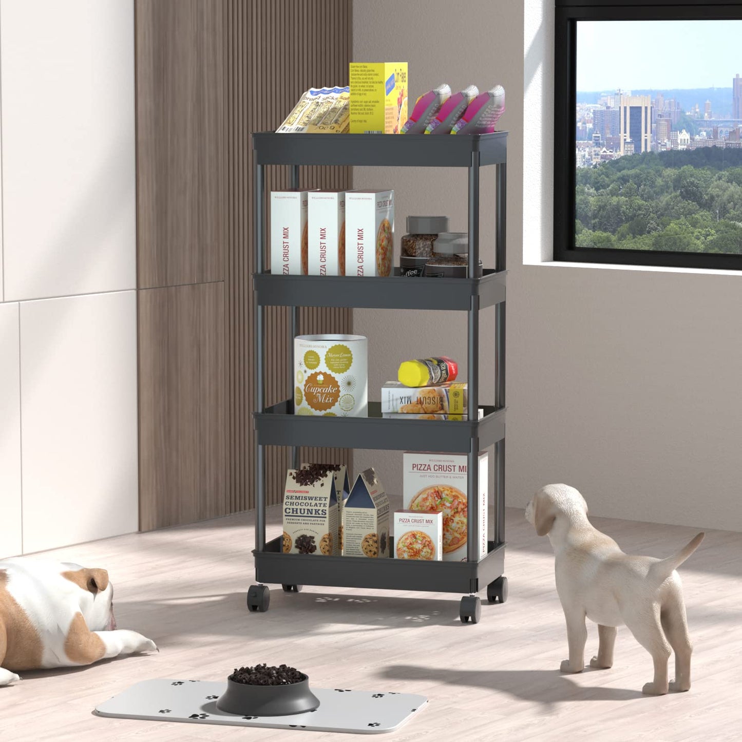 4 Tier Wide Storage Cart Mobile Shelving Unit Organizer Slide Out Storage Rolling Utility Cart Tower Rack for Kitchen Bathroom Laundry, Plastic & Stainless Steel,Black