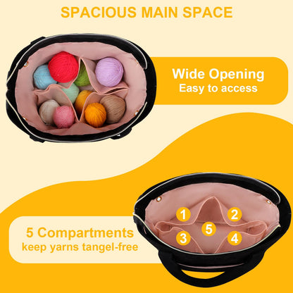 Crochet Bag Organizer for Yarn Storage, Velvet Knitting Tote Bag with Double Handle for Crochet Accessories, Portable Travel Case for Yarn Balls, Crochet Hooks& Knitting Needles Holder (Black)