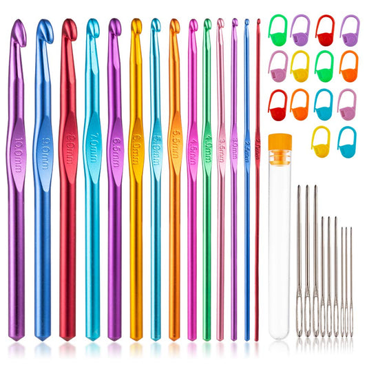 37 PCS Crochet Hooks Set, High Quality Coloured Aluminum Ergonomic Handle Crochet, Hook Needles for Arthritic Hands, with Stitch Markers and Large-Eye Blunt Needles