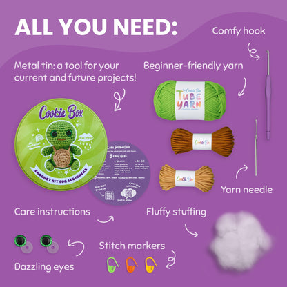 Crochet Kit for Beginners - Learn to Craft Amigurumi Stuffed Animals - Knitting Gift for Kids (13+) and Adults - Beginner-Friendly Yarn - Stitch-by-Stitch Video Tutorial - Turtle Hugo