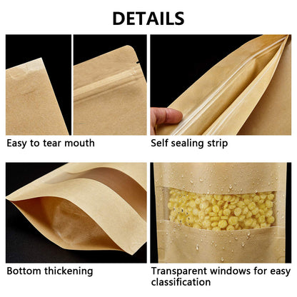 100 Pcs Resealable bags,3.5" x 5.5" Stand Up Kraft Paper Bags with Matte Window, Zip Lock Food Storage Bags for Packaging Products, Reusable, Sealable
