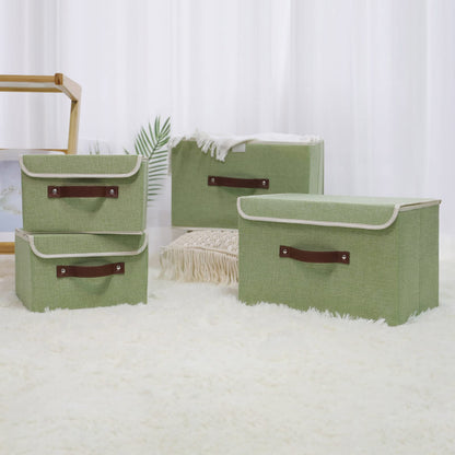 Storage Bin with Lid Storage Boxes with PU Leather Handles PP Plastic Board Decorative Foldable Lidded Cotton Linen Fabric Home Cubes Baskets Closet Organizer Container - Green, Small Size