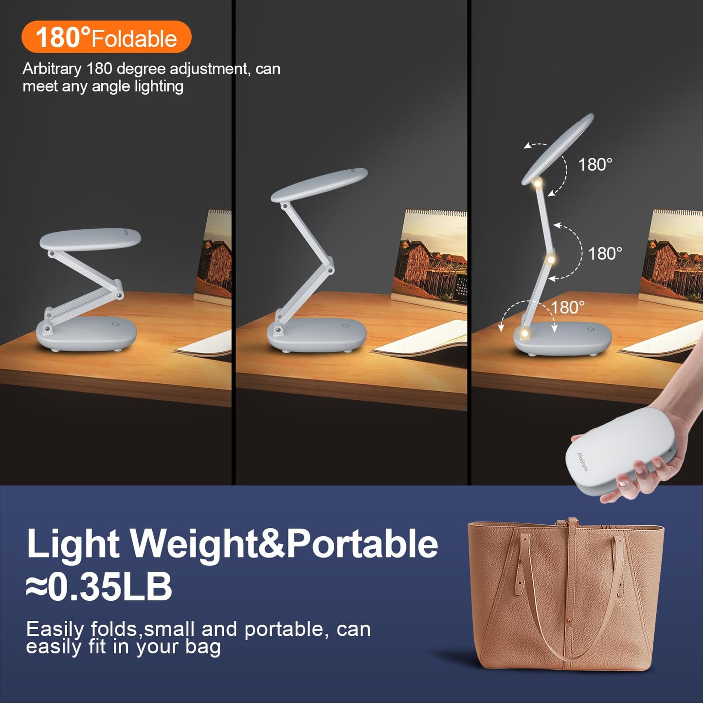 LED Desk Lamp for Office Home & Battery Operated Lamp Rechargeable Lamp Foldable & Portable Light, [2-Fold Bracket] 3 Brightness Dimmable Small Desk Lamp Wireless Reading Lamp (White)