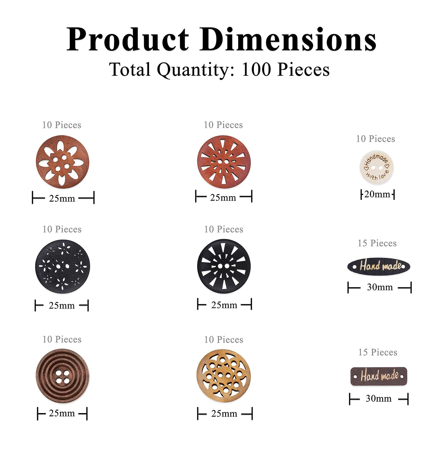 Large Wooden Buttons for Crafts - 100 Assorted Carved Natural Wood Sewing Buttons in Bulk for Clothing, Sweaters, Embellishments, and DIY Decorative Projects