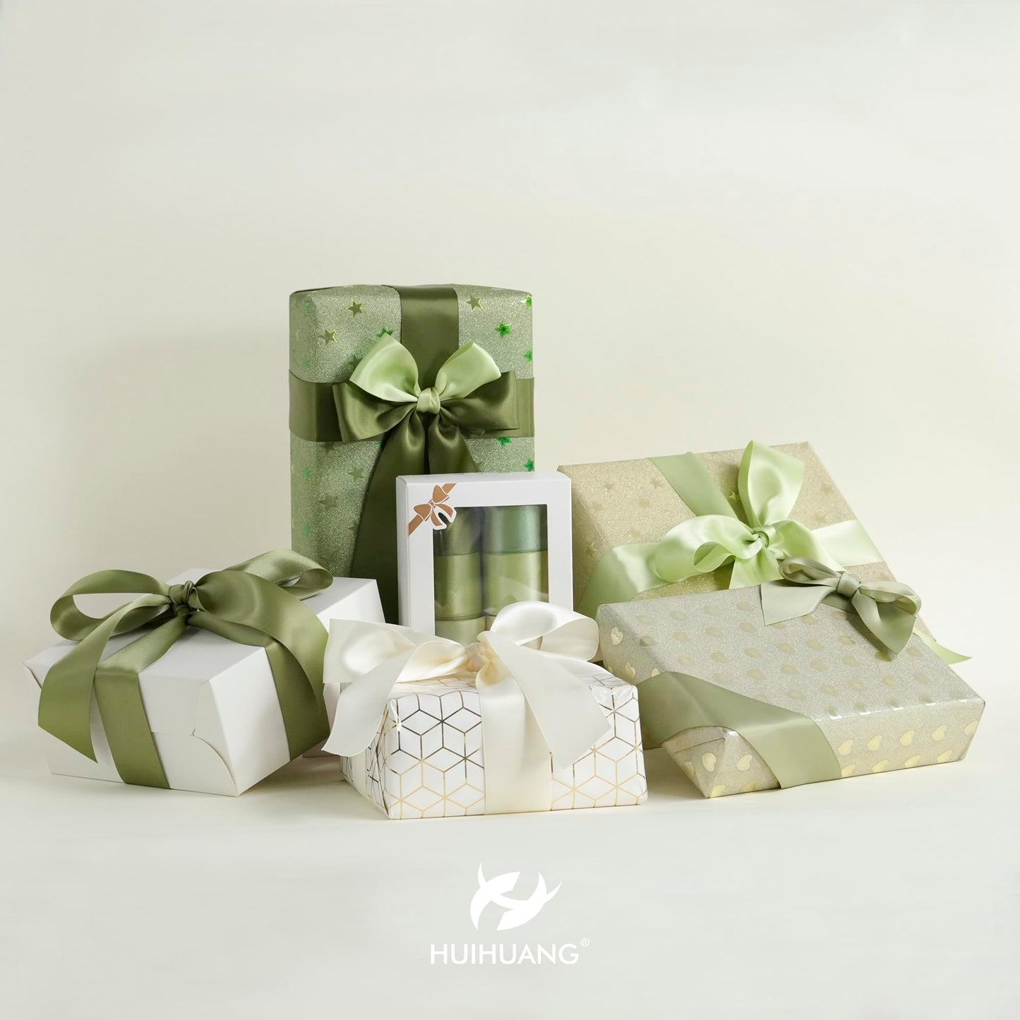 Green Satin Ribbon 1-1/2 inch Ivory/Sage Green/Dusty Sage/Moss Green Double Face Satin Ribbons for Flower Bouquet, Gift Wrapping, Bows, Crafts, Eternal Rose- Total 30 Yards