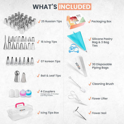 90 Pieces Russian Piping Tips Set, Includes Piping Bags and Tips Set,25 Russian Tips,16 Icing Tips,7 Ruffle Piping Tips, Ball Tip, 31 Pastry Bags & Video Course for Cookie, Cupcake & Cake Decoration