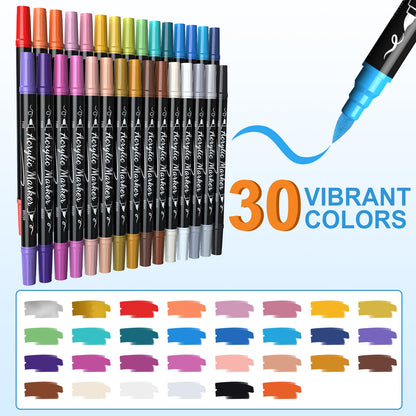 30 Colors Acrylic Paint Markers, Waterproof Dual Tip Acrylic Paint Pens with Brush and Fine Tip, Markers Set for Paper, Rock, Wood, Canvas, Glass, Ceramic and DIY Crafts Making Art Supplies