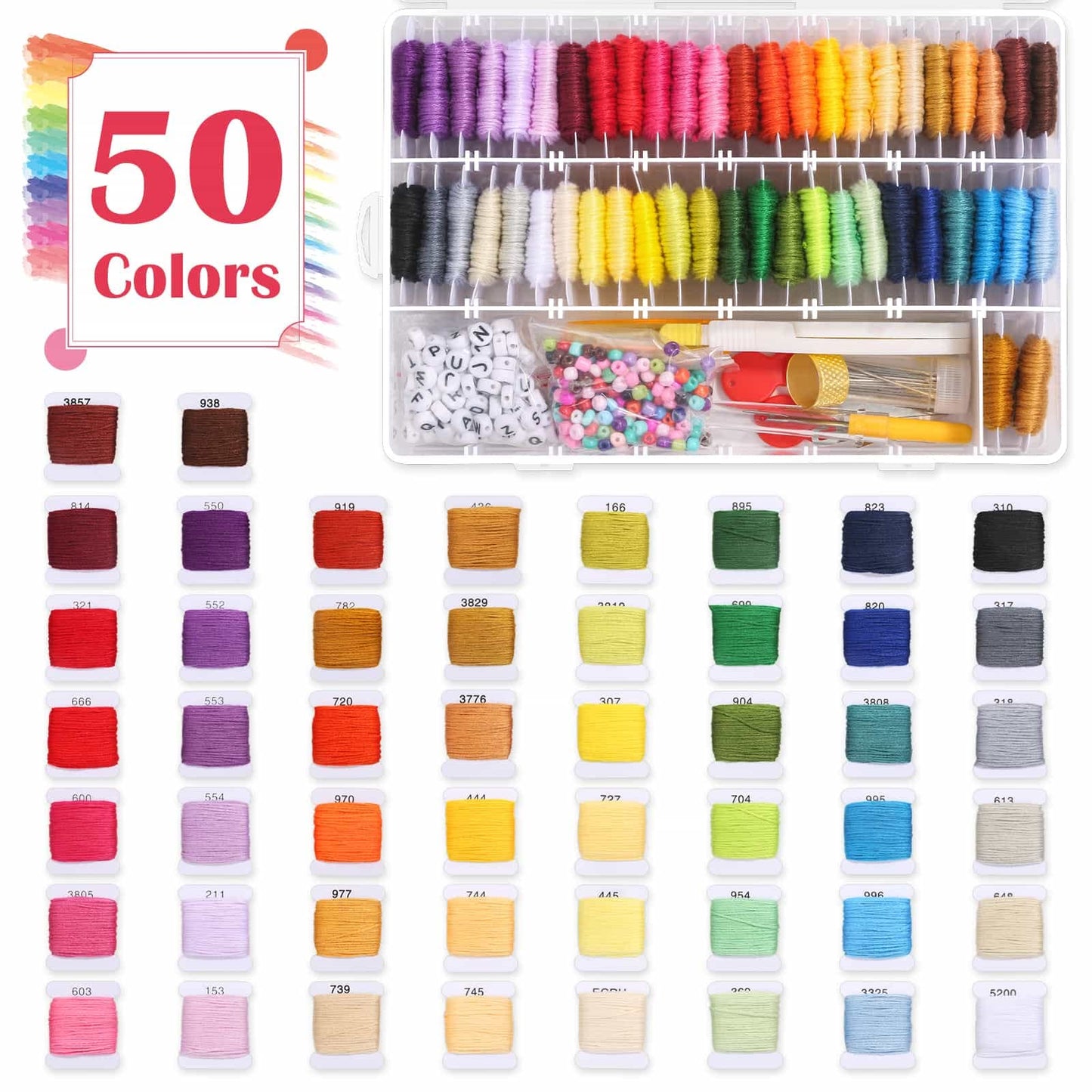 488Pcs String Bracelet Making Kit, Friendship Bracelet String Kit with 50 Skeins Embroidery Floss Cross Stitch Thread, 400Pcs Friendship Bracelet Beads, 37Pcs Embroidery Tools