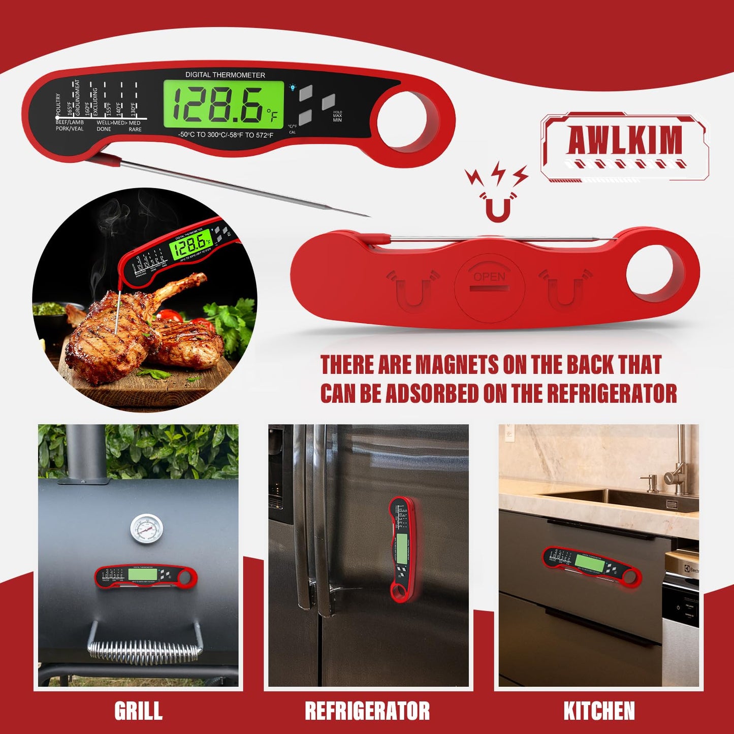 Instant Read Meat Thermometer for Grill and Cooking, Waterproof Fast Food Thermometer with Backlight, Digital Food Probe for Kitchen Cooking, Candy Making, Outside Grill - Red