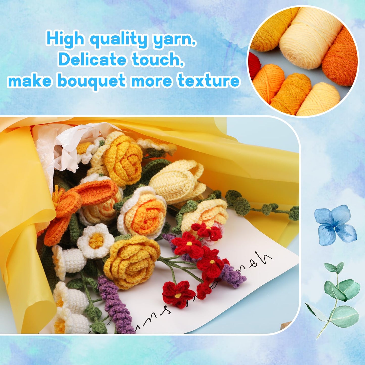 Crochet Kit for Beginners, Flower Bouquet Crochet Kit Rose, Knitting Starter Kit with Crochet Yarn and Step-by-Step Instructions for Birthday, Wedding Anniversary Day Present