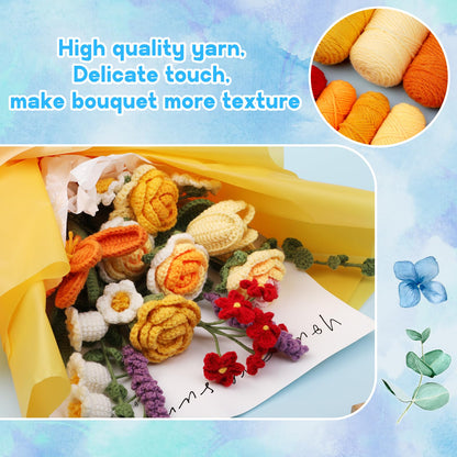 Crochet Kit for Beginners, Flower Bouquet Crochet Kit Rose, Knitting Starter Kit with Crochet Yarn and Step-by-Step Instructions for Birthday, Wedding Anniversary Day Present
