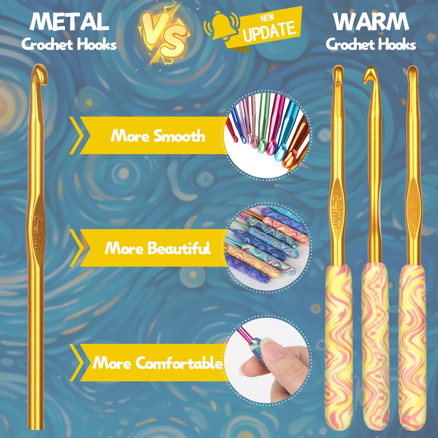 Warm Crochet Hooks Comfort Grip, Pretty Starry Night Art Handle Crochet Set for Beginners, Longer Aluminum Shaft Crochet Hook Set 2.0mm-6.0mm, Smooth Crochet Needles Set for Crochet Yarn