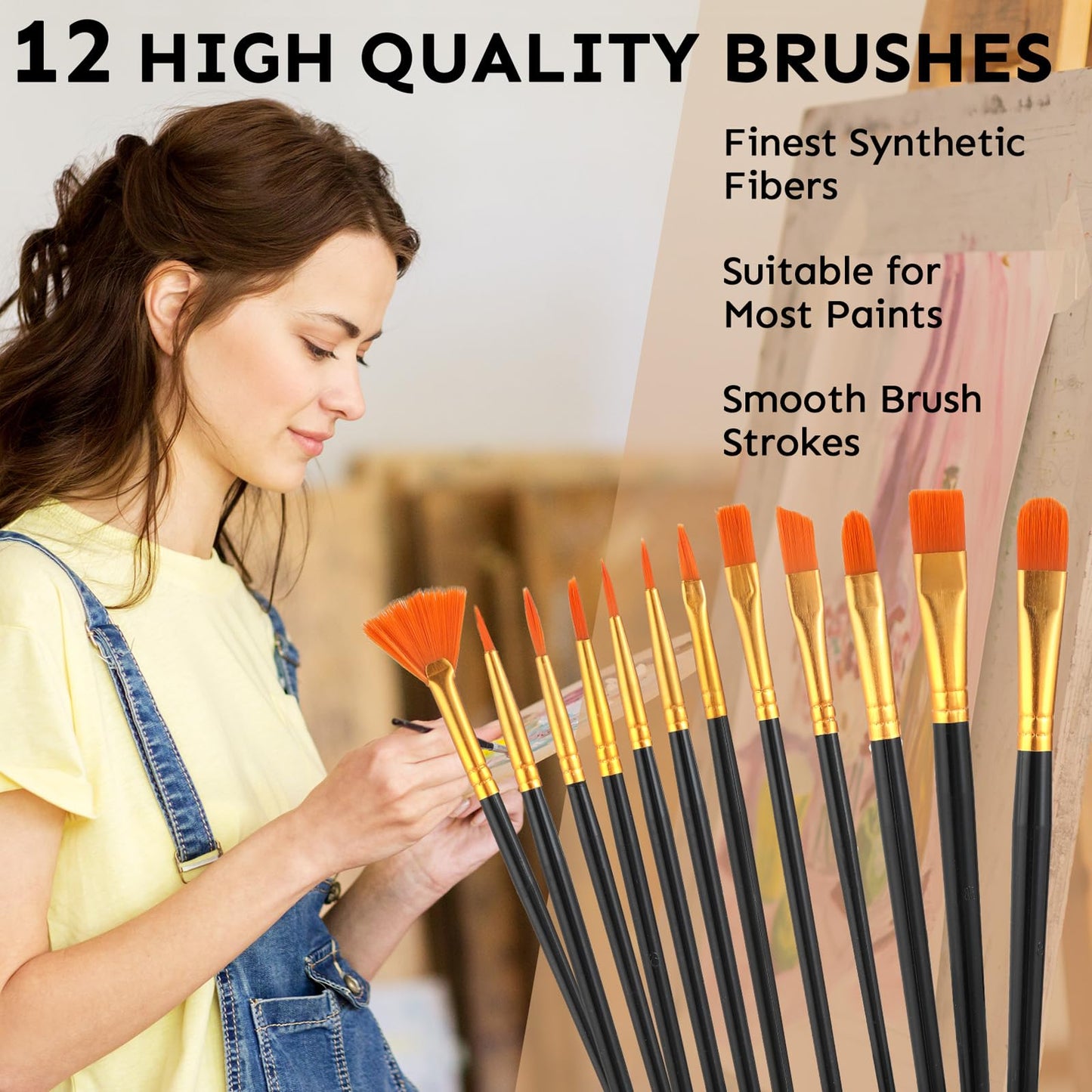 Acrylic Paint Set 24 Colors(2oz /60ml) with 12 Brushes,Rich Pigmented, Premium Acrylic Paints for Canvas Wood Glass Rock Leather Painting, Art Craft Paint Supplies