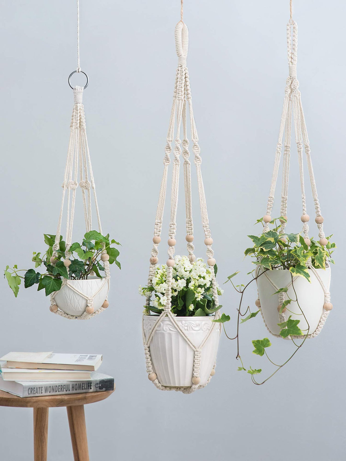 3 Pack Macrame Plant Hangers Indoor Different Size Hanging Planter Basket Flower Pot Holder with Beads No Tassels 35"/29"/23", Medium, Ivory