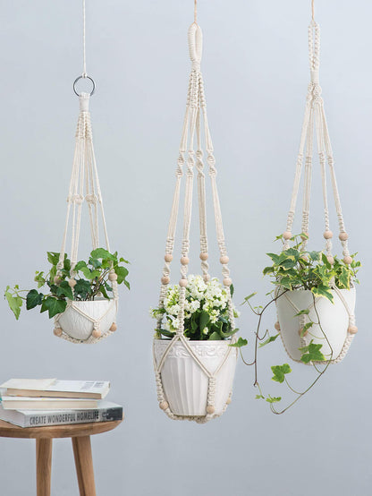 3 Pack Macrame Plant Hangers Indoor Different Size Hanging Planter Basket Flower Pot Holder with Beads No Tassels 35"/29"/23", Medium, Ivory