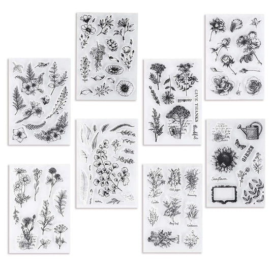8 Sheets Clear Stamps for Card Making, Silicone Stamps for Crafting, Clear Rubber Flowers Vintage Plants and Decoration and DIY Scrapbooking