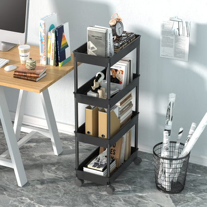 4 Tier Wide Storage Cart Mobile Shelving Unit Organizer Slide Out Storage Rolling Utility Cart Tower Rack for Kitchen Bathroom Laundry, Plastic & Stainless Steel,Black